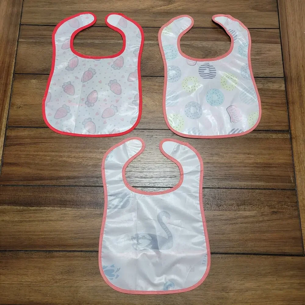 Set of 3 Infant Girl Super Bibs: Strawberries, Donuts & Swans